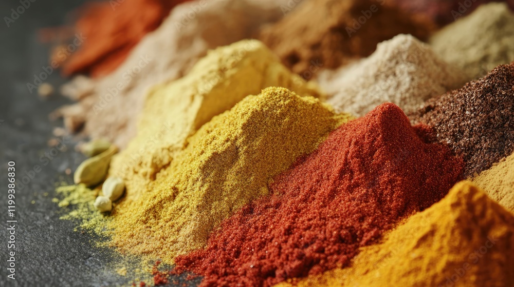 Aufkleber vibrant assorted spice mix in colorful piles on dark background with empty space for text ideal for 