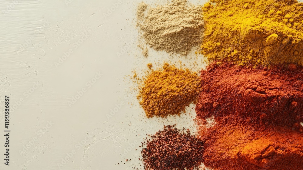 Poster vibrant assorted spice mix display in rich yellow red and brown tones on cream background with empty