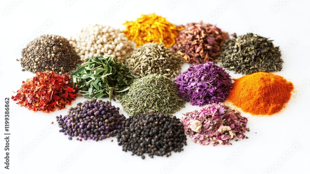 Poster vibrant assortment of colorful spices and herbs on a bright white background creating an inviting me