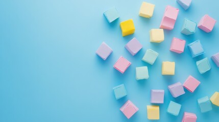 Colorful pastel speech and quote mark symbols scattered on a soft blue background with ample empty space for creative text insertion