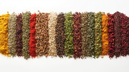 Vibrant array of colorful spices and herbs in horizontal rows on a clean white background with ample copy space for culinary menu design.