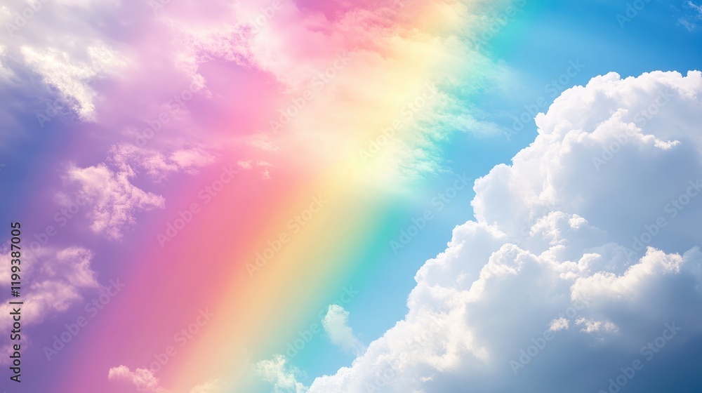 Poster vibrant spectrum of light rays with soft white clouds and blue sky in background creating a serene l