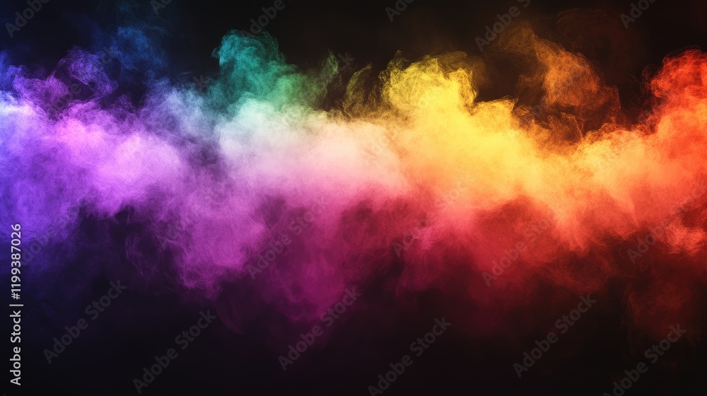 Poster vibrant spectrum of colorful light rays in ethereal clouds against a dark background with abundant s