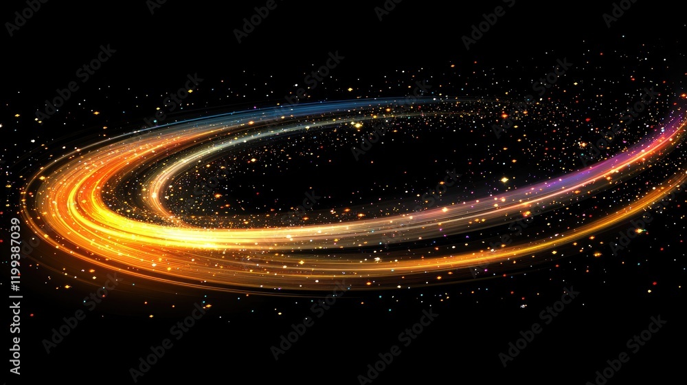 Poster vibrant cosmic spiral of golden and multicolor light trails against a black background with starry t