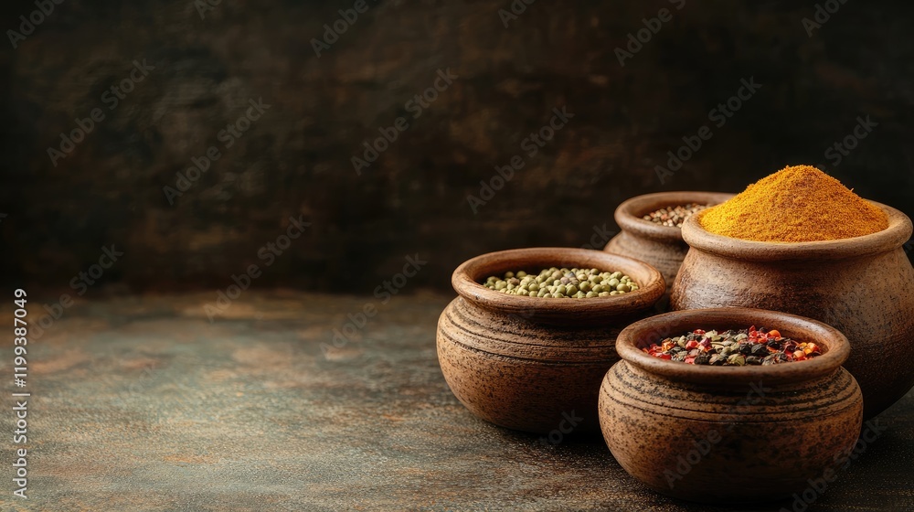 Poster colorful assorted spices in rustic earthen pots on dark textured background with empty space for cul