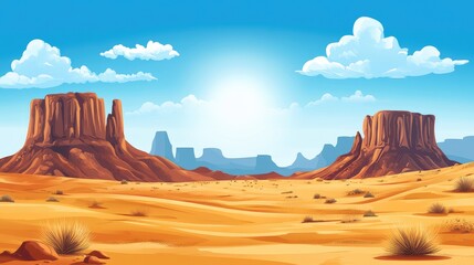 Fototapeta premium Desert Landscape with Golden Sand Dunes and Red Cliffs under Bright Blue Sky with White Clouds and Empty Copy Space for Text