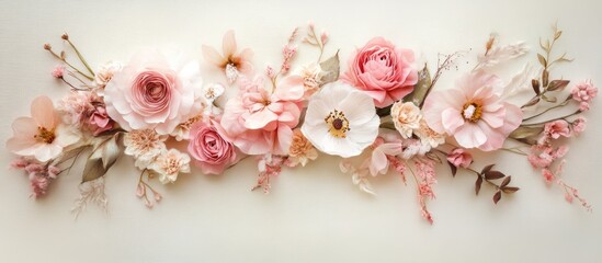 Elegant floral composition featuring soft pink and cream tones with delicate blooms arranged across a light neutral background, perfect for text placement.