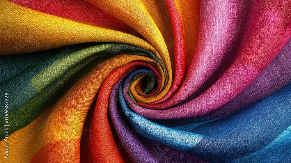 Poster vibrant multicolored spiral fabric texture with rich stripes in a swirling pattern suitable for back