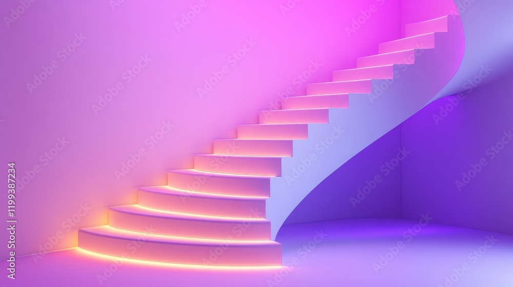 Poster illuminated colorful spiral staircase featuring soft purple and pink lighting against a minimalist e