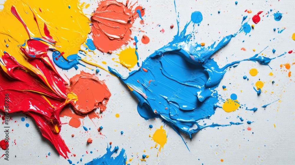 Poster vibrant mosaic of colorful paint splashes in red yellow orange and blue on white canvas with empty c