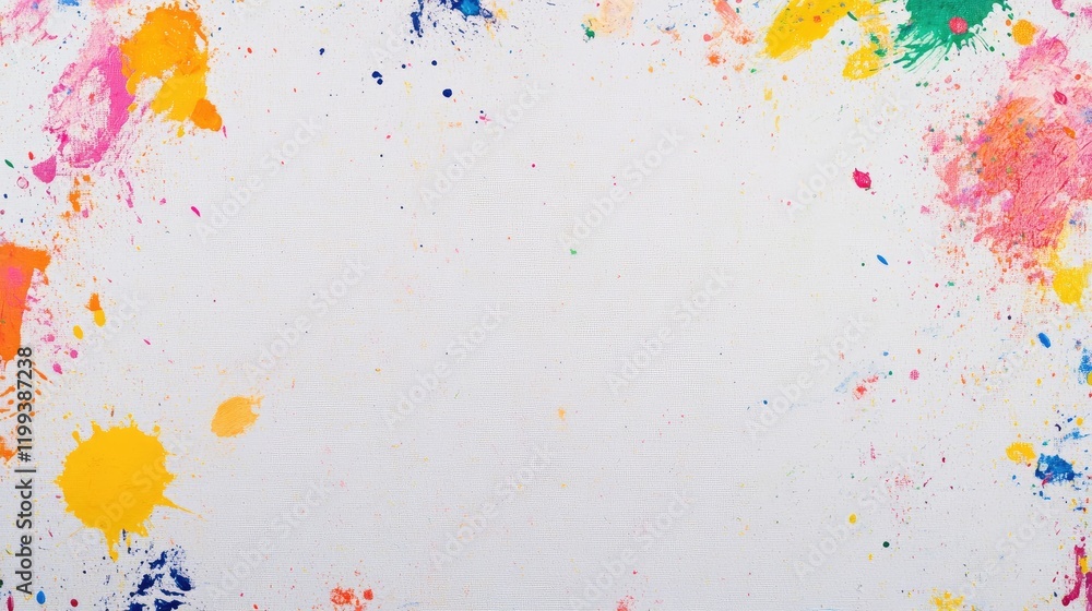 Poster vibrant multicolored paint and powder splashes framing a white canvas with abundant empty space for 