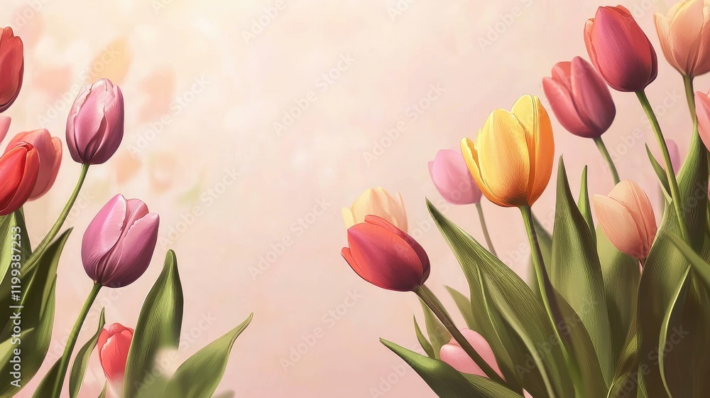 Poster vibrant tulips in various colors positioned on the left and right sides, against a soft pastel backg