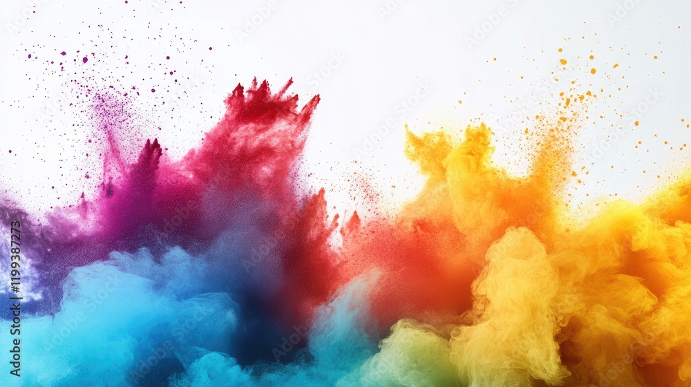 Poster vibrant abstract color splash in blue red yellow and purple with soft white background for text over