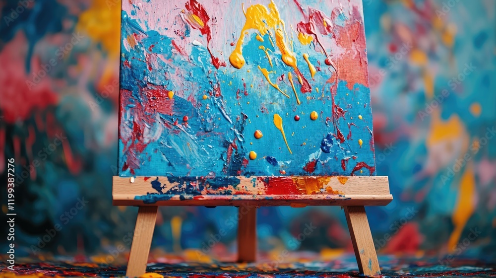 Poster vibrant paint splashes on textured fabric blending seamlessly into an easel presenting an abstract c
