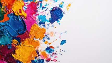 Fototapeta premium Vibrant mosaic of colorful paint splashes in shades of blue, pink, orange, and purple against a white background with ample empty space for text.