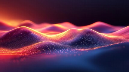 A vibrant, abstract landscape showcasing flowing waves of color and light, resembling a digital terrain.