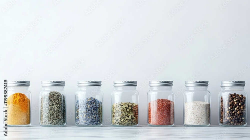 Poster vibrant array of colorful spices in clear glass jars arranged on a light marble surface with soft em
