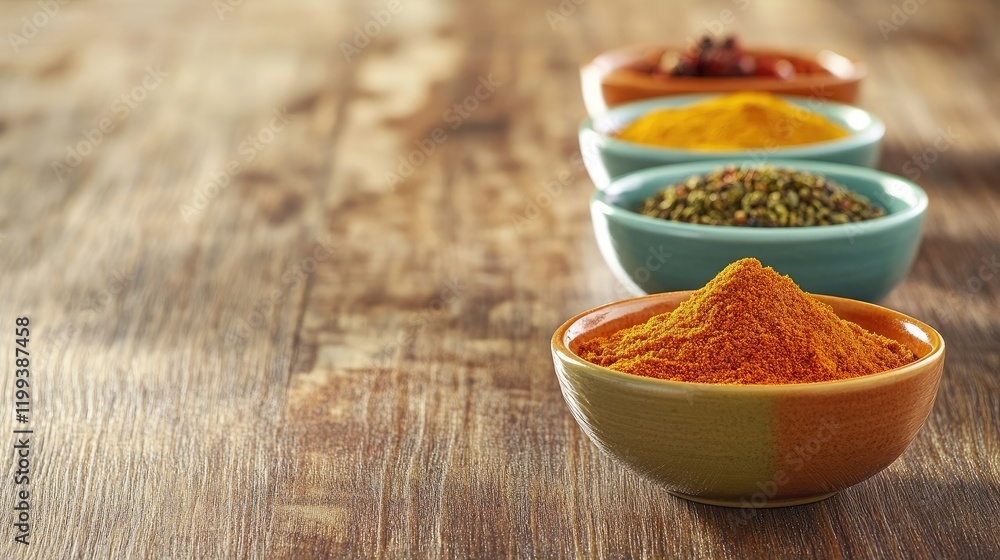 Aufkleber vibrant assortment of colorful spices in bowls on rustic wooden table with warm tones and empty spac