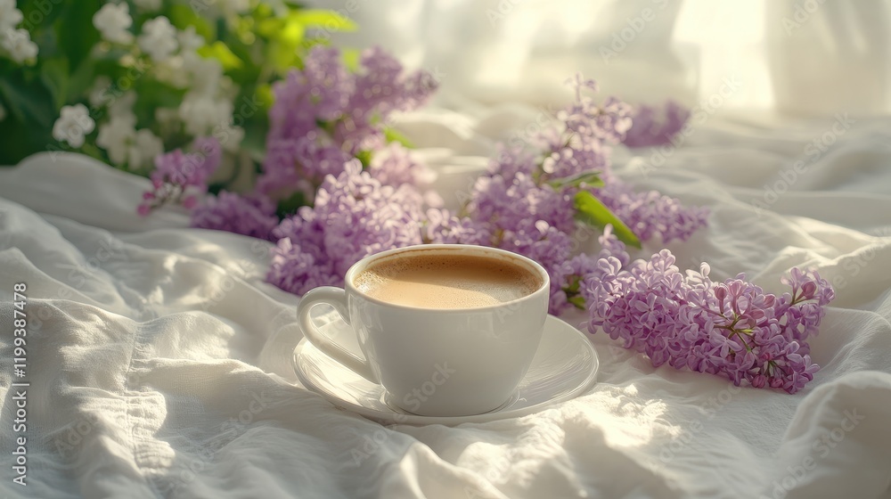 Aufkleber cozy white bedding adorned with fresh lilacs and a steaming cup of coffee in soft morning light crea