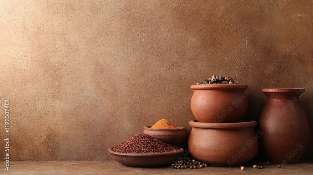 Poster vibrant assortment of colorful spices in traditional earthen pots and bowls on rustic brown backgrou