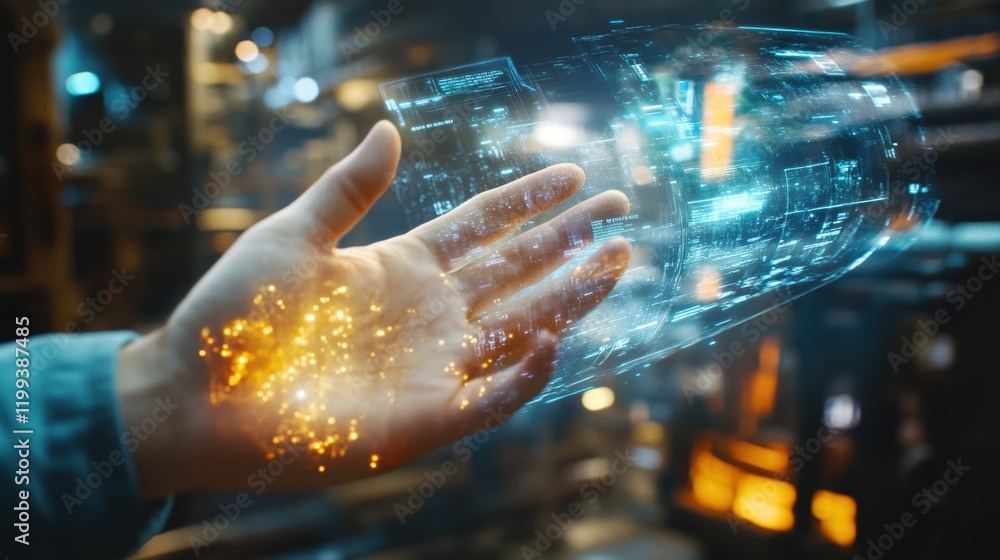 Aufkleber an upclose look at an engineers hand gesturing in the air interacting with an ar interface that over