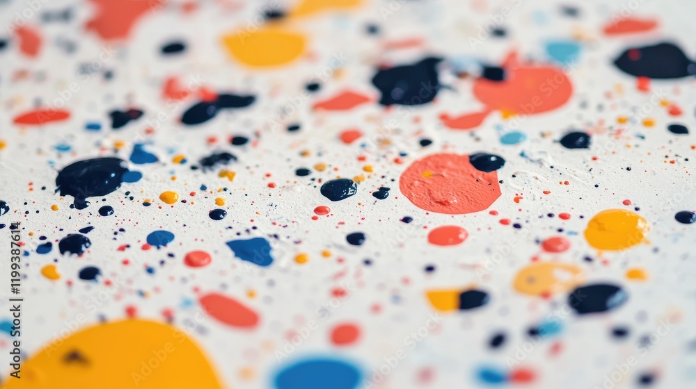 Poster vibrant multicolored paint splatters in varying sizes on textured white background with ample copy s