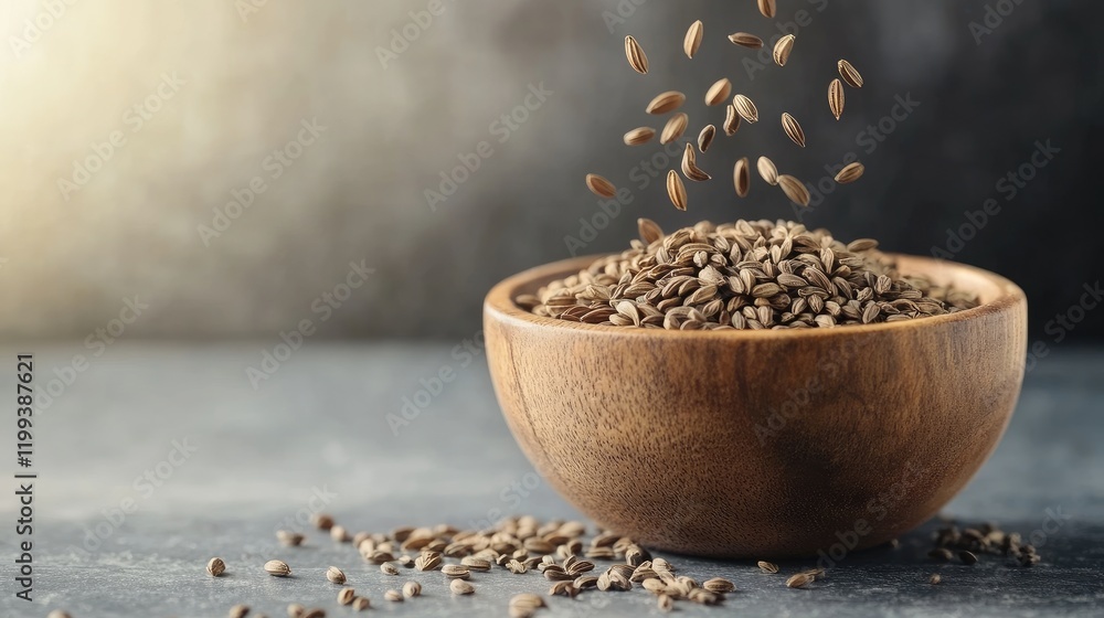 Aufkleber cumin seeds cascading into a rustic wooden bowl on a textured gray surface illuminated by soft natur