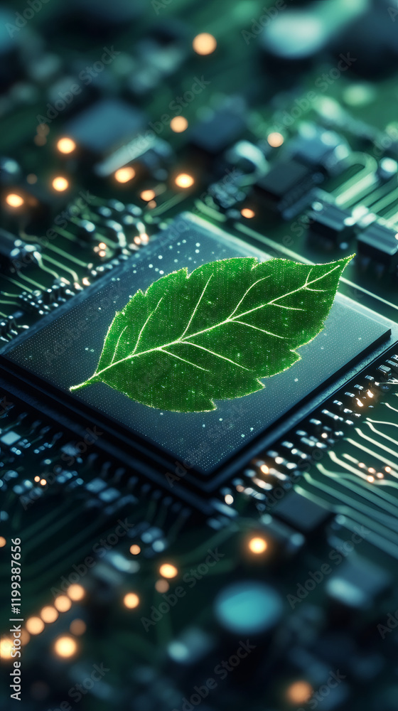 Poster green leaf on microchip symbolizes eco-friendly technology and sustainable innovation in computer sc