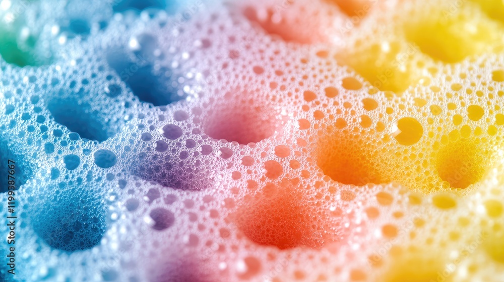 Poster vibrant multicolored sponge bubbles in soft focus with a gradient of blue yellow and pink hues creat