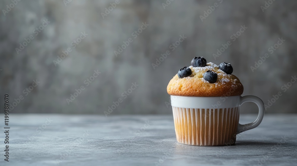 Poster coffee cup filled with muffin topped with blueberries on a textured gray table setting with ample em