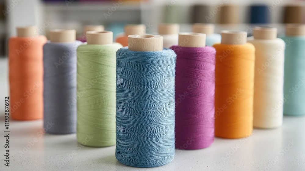 Poster vibrant assortment of threaded spools in pastel and bright colors arranged on a table in a fabric sh