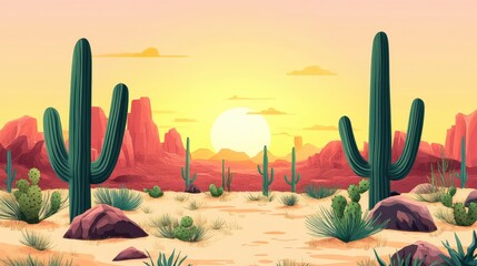 Desert scene at sunset featuring various cacti, warm colors, and empty text space.