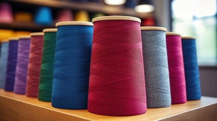 Vibrant spools of thread in various hues displayed prominently in a fabric shop, with warm lighting and ample empty space for creative text placement.