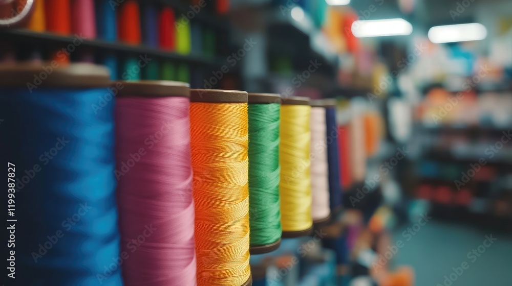 Poster vibrant array of colorful spools of thread in a bright craft supply store with blurred background an