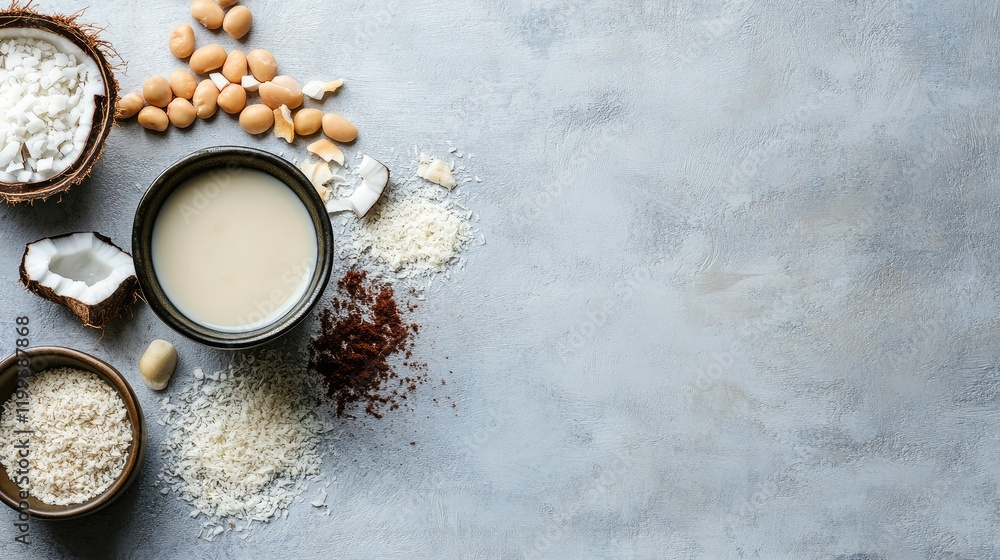 Poster coconut milk and cannellini bean sauce with rice and nuts on gray background with empty space for te