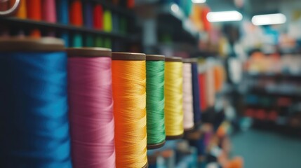 Vibrant array of colorful spools of thread in a bright craft supply store with blurred background and ample empty space for text.