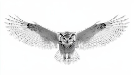 An owl in flight, wings spread wide, perfectly isolated on a seamless white background,