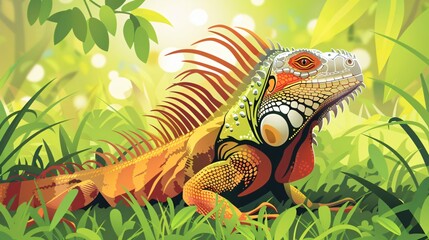 Fototapeta premium Iguana Portrait on Grass in Vector Cartoon Style