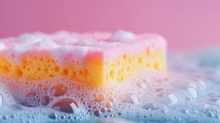 Vibrant pink and yellow sponge surrounded by soft white bubbles on a smooth blue surface with empty space for text and product placement