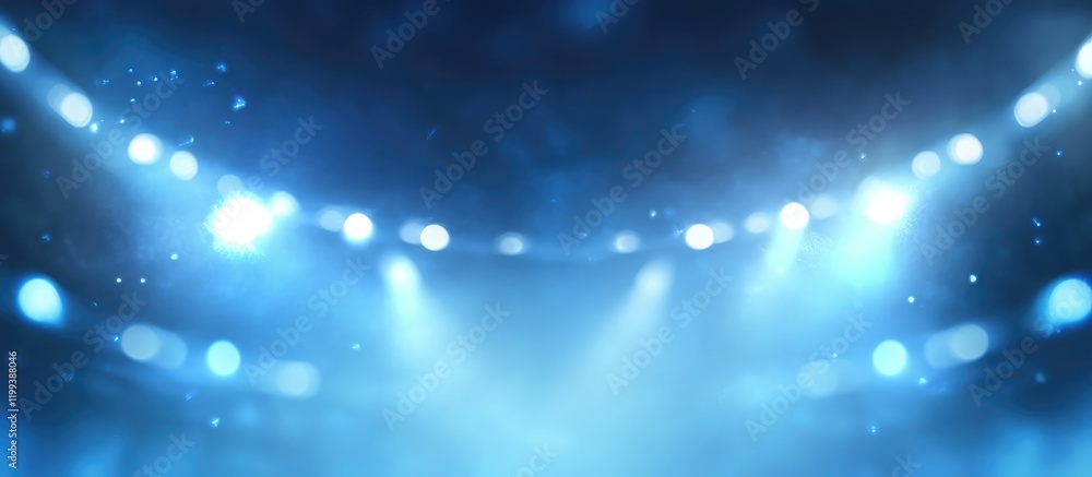 Aufkleber defocused blue stage spotlights illuminating a theater ceiling with an empty foreground space for te
