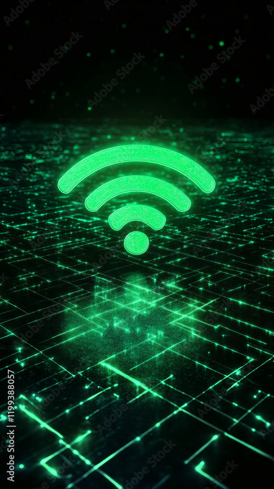 Poster glowing green wifi symbol hovering over a dark futuristic circuit board with binary code particles