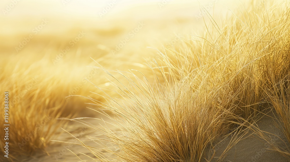 Poster golden desert dawn with vertical composition of tall grass on warm sand background with soft light a