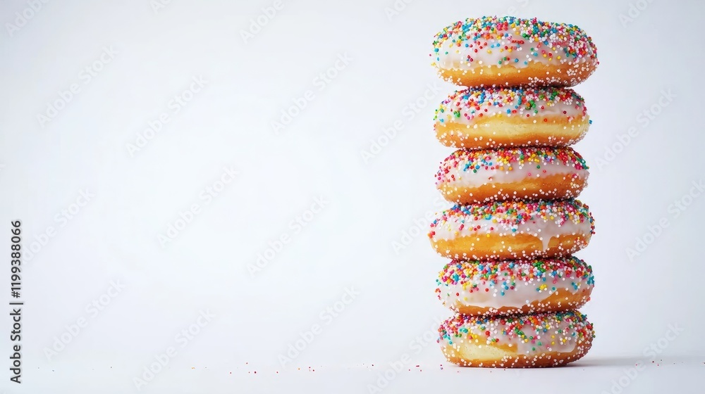 Poster stack of colorful frosted donuts with sprinkles on clean white background and empty copy space for t