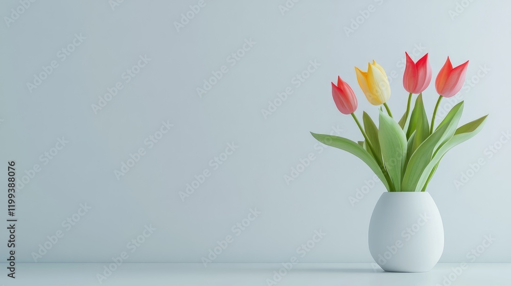 Poster vibrant spring tulip flowers in a white vase with green leaves against a light gray background, feat