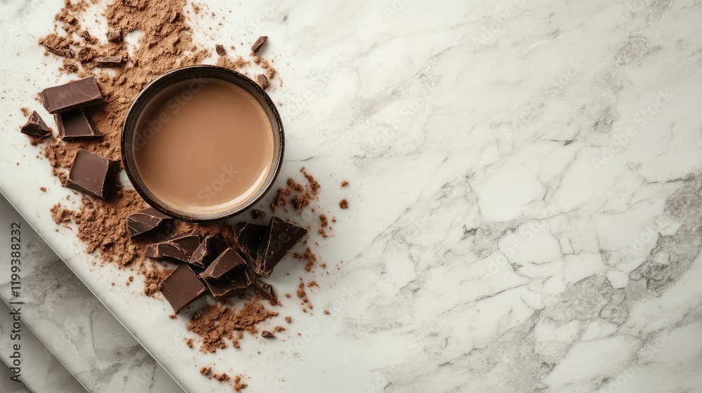 Aufkleber cocoa latte in a black cup surrounded by chocolate pieces and cocoa powder on a textured white marbl