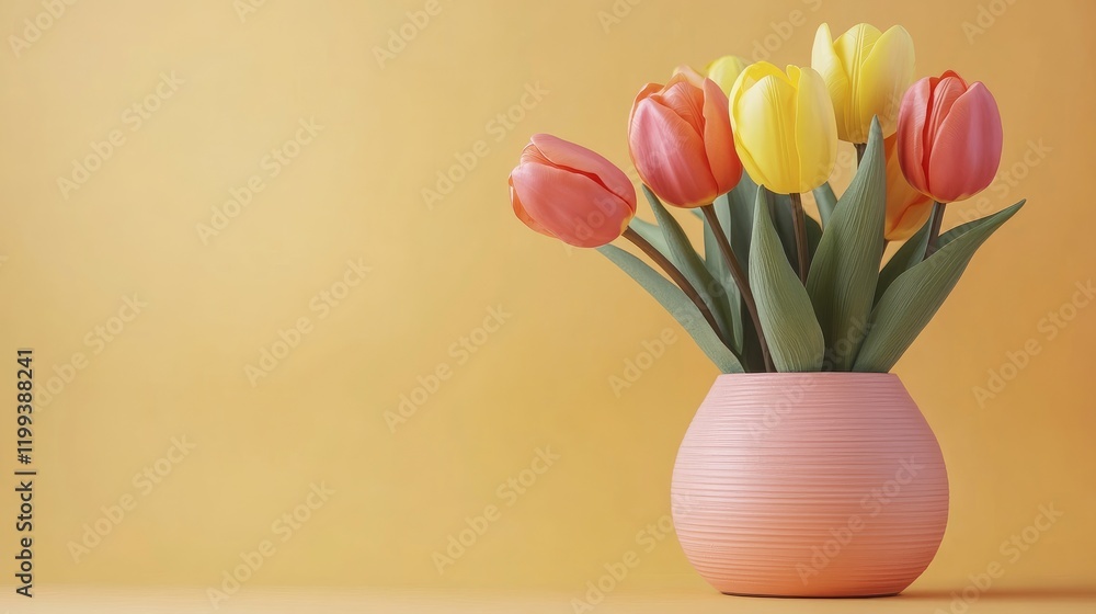 Poster vibrant tulip bouquet in a soft pink vase against a warm yellow background with ample empty space fo