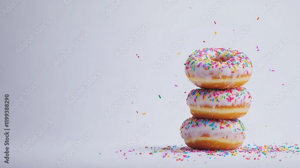 Poster delicious colorful sprinkled donuts stacked on a white background with colorful sprinkles and empty 
