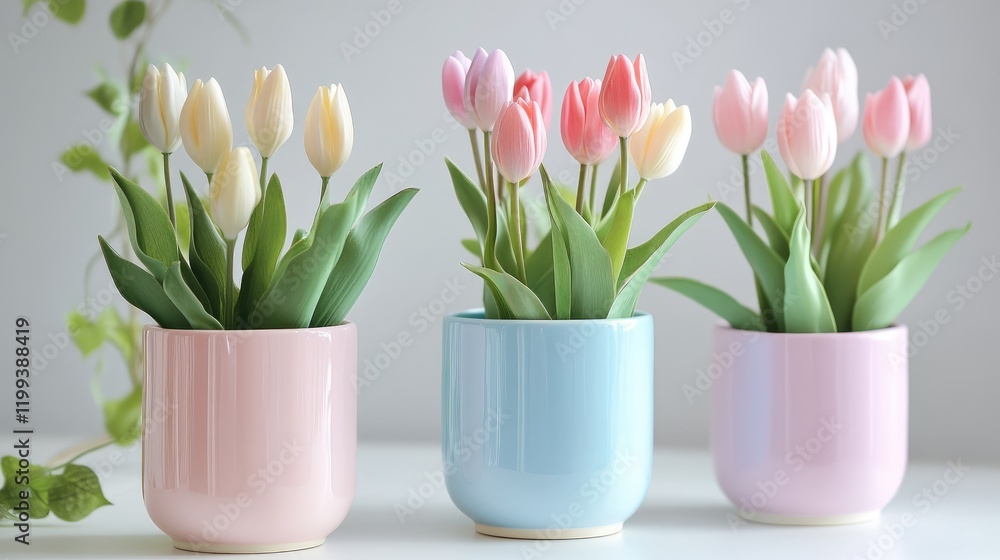 Poster colorful tulips displayed in pastel pink and blue ceramic pots on a white surface with empty copy sp