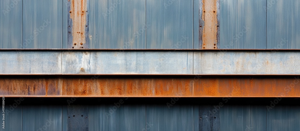 Poster industrial architecture detail showcasing blue and rust-colored steel beams with ample empty space f