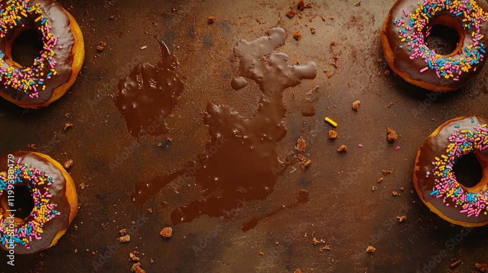 Poster freshly baked chocolate glazed donuts with colorful sprinkles on dark textured background with empty